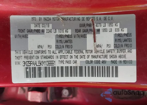 2019 Mazda Mazda3 Select Package from USA, damaged, VIN 3MZBPAAL5KM109991